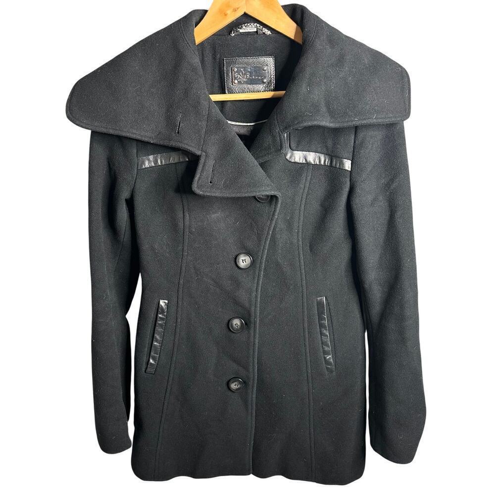 Mackage Leather Trim Wool Cashmere Blend Coat Black Size S